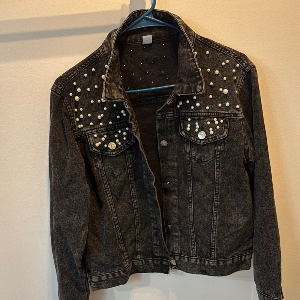 Edgy Black Denim Jacket with Pearls and Death Do Us Part - Picture 4 of 4